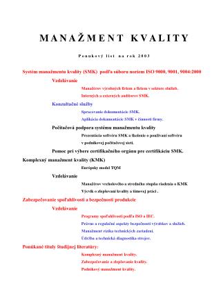 M A N A Ž M E N T K V A L I T Y P o n u k o v ý l i s t n a r o k 2 0 0 3