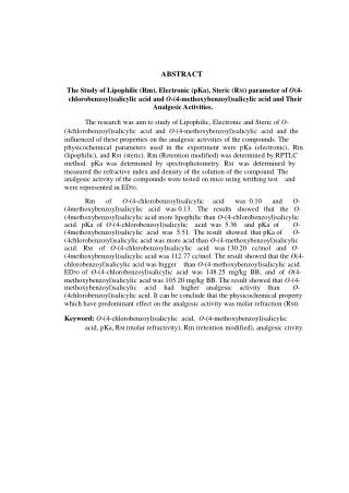 ABSTRACT The Study of Lipophilic (Rm), Electronic (pKa), Steric (R M ) parameter of O (4-