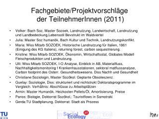 Fachgebiete/Projektvorschläge der TeilnehmerInnen (2011)
