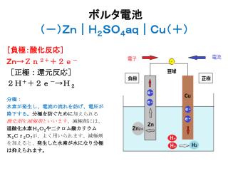 ボルタ電池 （－）Ｚｎ｜Ｈ ２ ＳＯ ４ ａｑ｜Ｃｕ（＋）