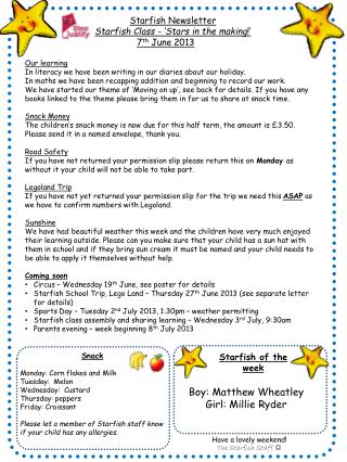 Starfish Newsletter Starfish Class - ‘Stars in the making !’