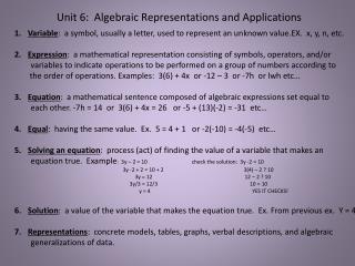 Unit 6: Algebraic Representations and Applications