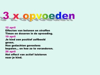 12 april Effecten van belonen en straffen Timen en doseren in de opvoeding. 19 april