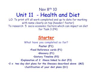 Starter What have you completed so far? Poster (P1) Food Reference cards (P1) Glossary (P1)