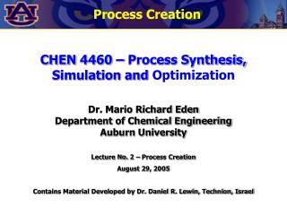 CHEN 4460 – Process Synthesis, Simulation and Optimization