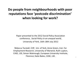 The issue: Unequal employment/unemployment rates in neighbourhoods in the same labour markets