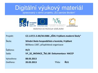 Digitální výukový materiál zpracovaný v rámci projektu „EU peníze školám“