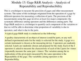 Module 13: Gage R&amp;R Analysis – Analysis of Repeatability and Reproducibility