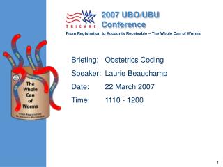 Briefing:	Obstetrics Coding Speaker:	Laurie Beauchamp Date:	22 March 2007 Time:	1110 - 1200