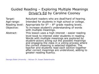 Guided Reading – Exploring Multiple Meanings Driver’s Ed by Caroline Cooney