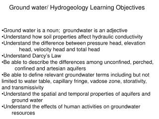 Ground water/ Hydrogeology Learning Objectives