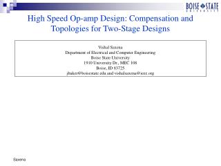 High Speed Op-amp Design: Compensation and Topologies for Two-Stage Designs