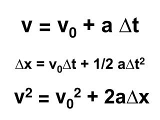 v = v 0 + a ∆t ∆x = v 0 ∆t + 1/2 a∆t 2 v 2 = v 0 2 + 2a∆x