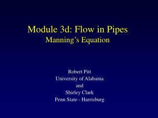 Module 3d: Flow in Pipes Manning’s Equation