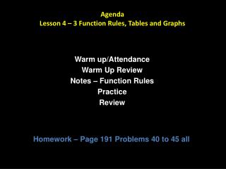 Agenda Lesson 4 – 3 Function Rules, Tables and Graphs