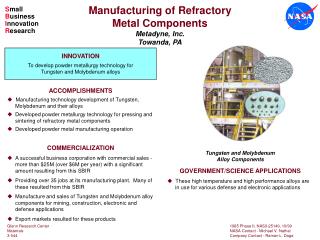ACCOMPLISHMENTS Manufacturing technology development of Tungsten, 	Molybdenum and their alloys