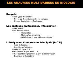 LES ANALYSES MULTIVARIÉES EN BIOLOGIE