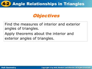 Find the measures of interior and exterior angles of triangles.