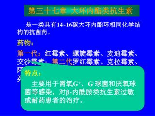 是一类具有 14~16 碳大环内酯环相同化学结构的抗菌药。 药物：
