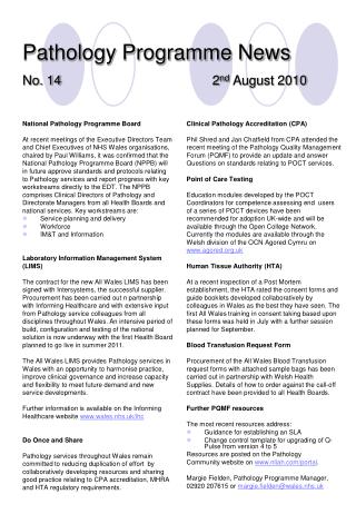 Pathology Programme News No. 14 2 nd August 2010