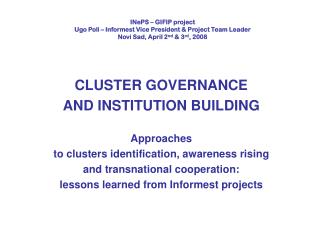 CLUSTER GOVERNANCE AND INSTITUTION BUILDING Approaches