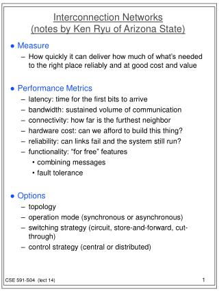 Interconnection Networks (notes by Ken Ryu of Arizona State)