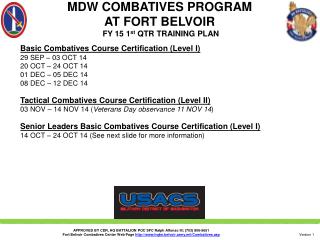 MDW COMBATIVES PROGRAM AT FORT BELVOIR FY 15 1 st QTR TRAINING PLAN