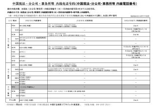 中国现法 ・ 分公司 ・ 事务所等 内线电话号码 （ 中国現法・分公司・事務所等 内線電話番号）