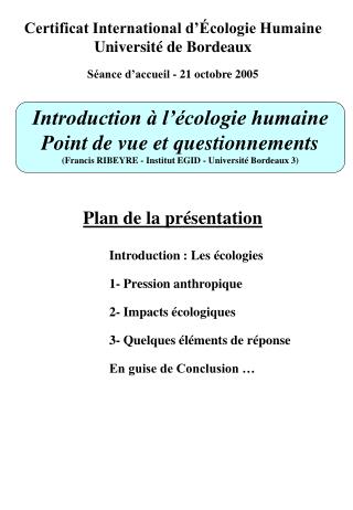 Certificat International d’Écologie Humaine Université de Bordeaux