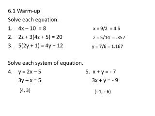 6.1 Warm-up Solve each equation. 4x – 10 = 8 2z + 3(4z + 5) = 20 5(2y + 1) = 4y + 12