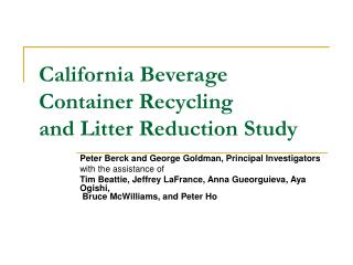 California Beverage Container Recycling and Litter Reduction Study