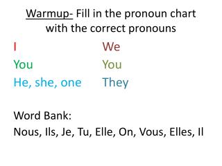 Warmup - Fill in the pronoun chart with the correct pronouns