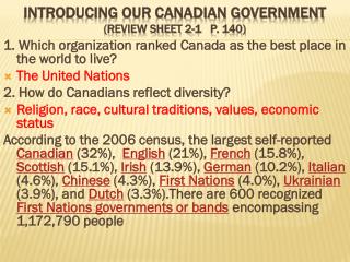 Introducing our Canadian Government (Review Sheet 2-1 p. 140 )