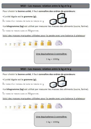 M10 – Les masses: relation entre le kg et le g