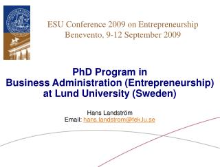 ESU Conference 2009 on Entrepreneurship Benevento, 9-12 September 2009