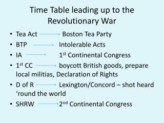 Time Table leading up to the Revolutionary War