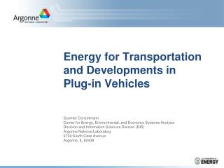 Energy for Transportation and Developments in Plug-in Vehicles