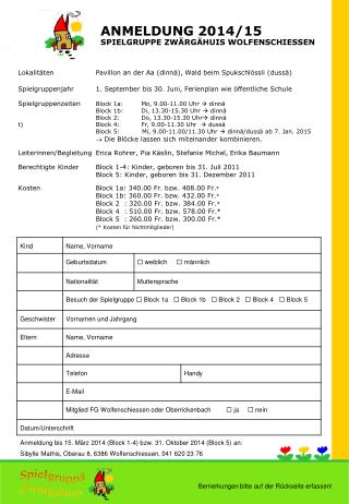 ANMELDUNG 2014/15 SPIELGRUPPE ZWÄRGÄHUIS WOLFENSCHIESSEN