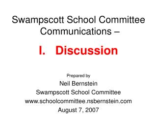 Swampscott School Committee Communications – I. Discussion