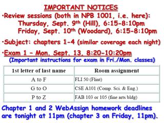 Review sessions (both in NPB 1001, i.e. here): 	Thursday, Sept. 9 th (Hill), 6:15-8:10pm
