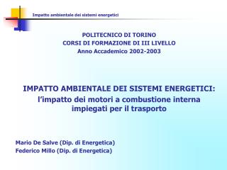 IMPATTO AMBIENTALE DEI SISTEMI ENERGETICI: