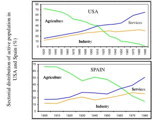 Sectorial distribution of active population in USA and Spain (%)