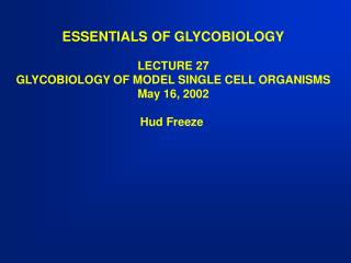 ESSENTIALS OF GLYCOBIOLOGY LECTURE 27 GLYCOBIOLOGY OF MODEL SINGLE CELL ORGANISMS May 16, 2002