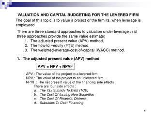 VALUATION AND CAPITAL BUDGETING FOR THE LEVERED FIRM