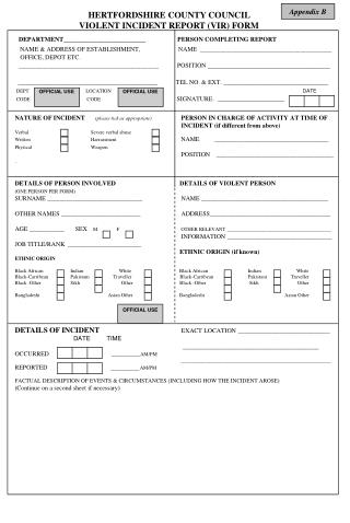 HERTFORDSHIRE COUNTY COUNCIL 	 VIOLENT INCIDENT REPORT (VIR) FORM