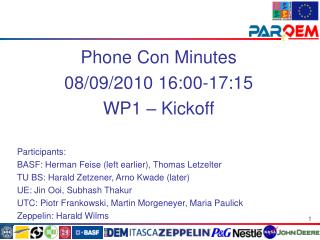 Phone Con Minutes 08/09/2010 16:00-17:15 WP1 – Kickoff Participants: