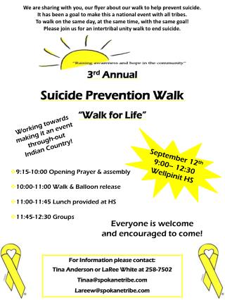 3 rd Annual Suicide Prevention Walk “Walk for Life”