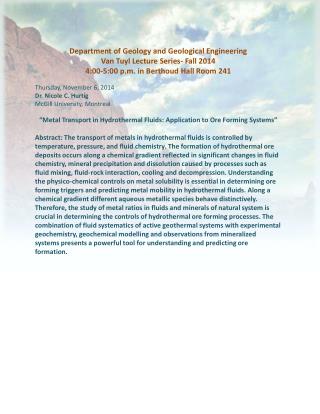 Department of Geology and Geological Engineering Van Tuyl Lecture Series- Fall 2014