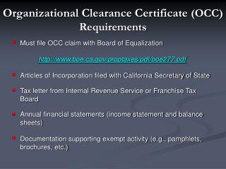 Organizational Clearance Certificate (OCC) Requirements