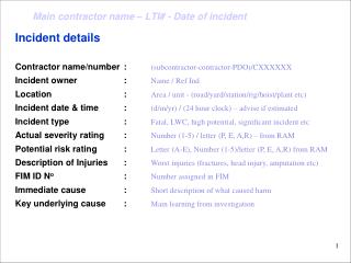 Incident details Contractor name/number	:	 (subcontractor-contractor-PDO)/CXXXXXX